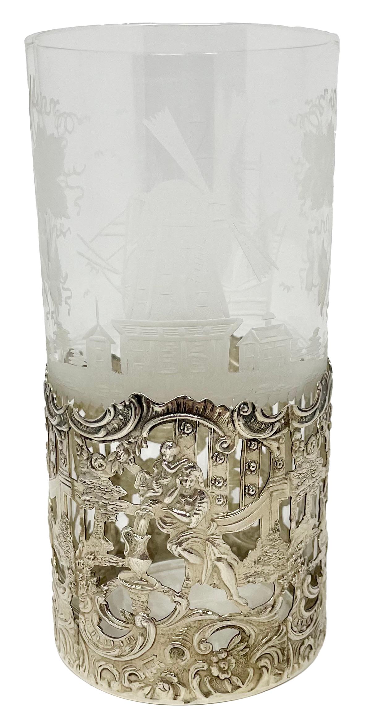 Set of 12 Antique American Sterling Silver Mounted Hand-Etched Highball Glasses. For Sale 1