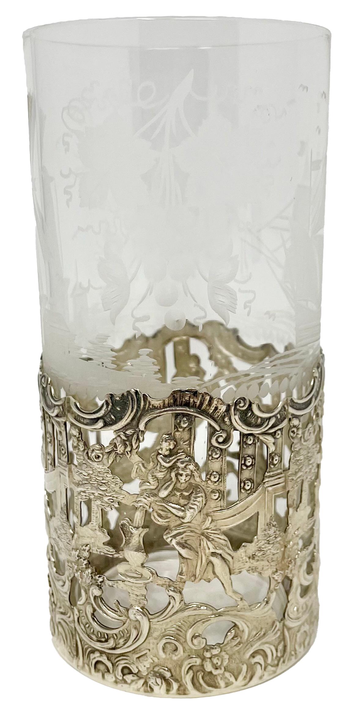 Set of 12 Antique American Sterling Silver Mounted Hand-Etched Highball Glasses. For Sale 2