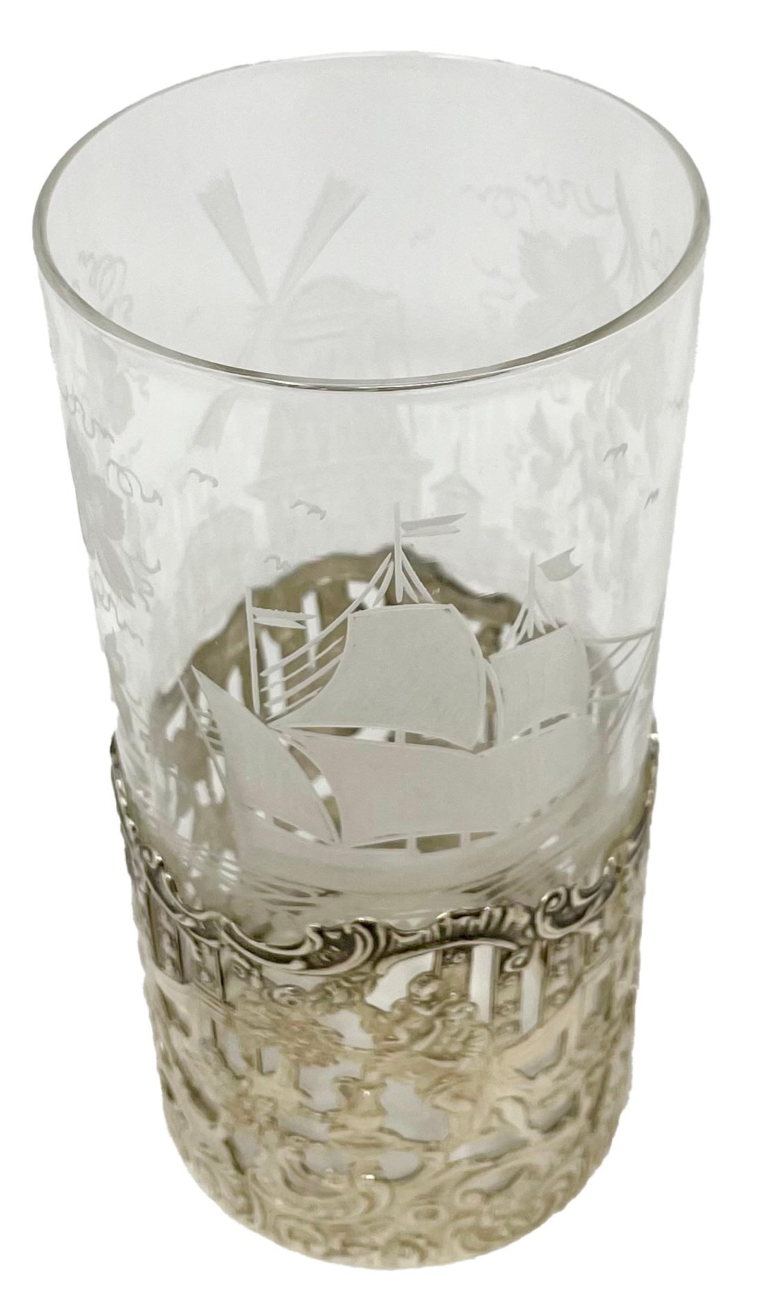 Set of 12 Antique American Sterling Silver Mounted Hand-Etched Highball Glasses. For Sale 3