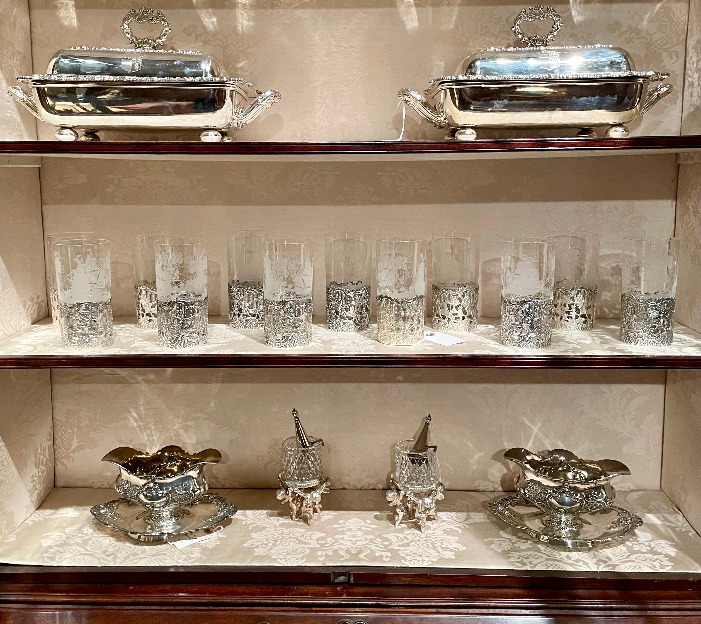 Set of 12 Antique American Sterling Silver Mounted Hand-Etched Highball Glasses. For Sale 5