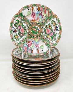 Set of 12 Antique Chinese "Canton" Rose Medallion Porcelain Plates, Circa 1900's