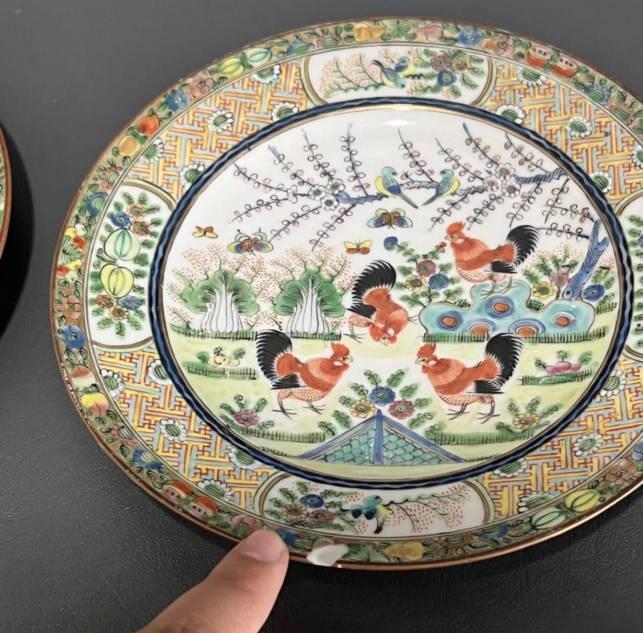 This set of 12 antique Chinese porcelain dishes depicts a lively chicken theme that is sure to add character to any collection. Each plate features a unique design and vibrant colors. The craftsmanship of these dishes is exceptional, with intricate