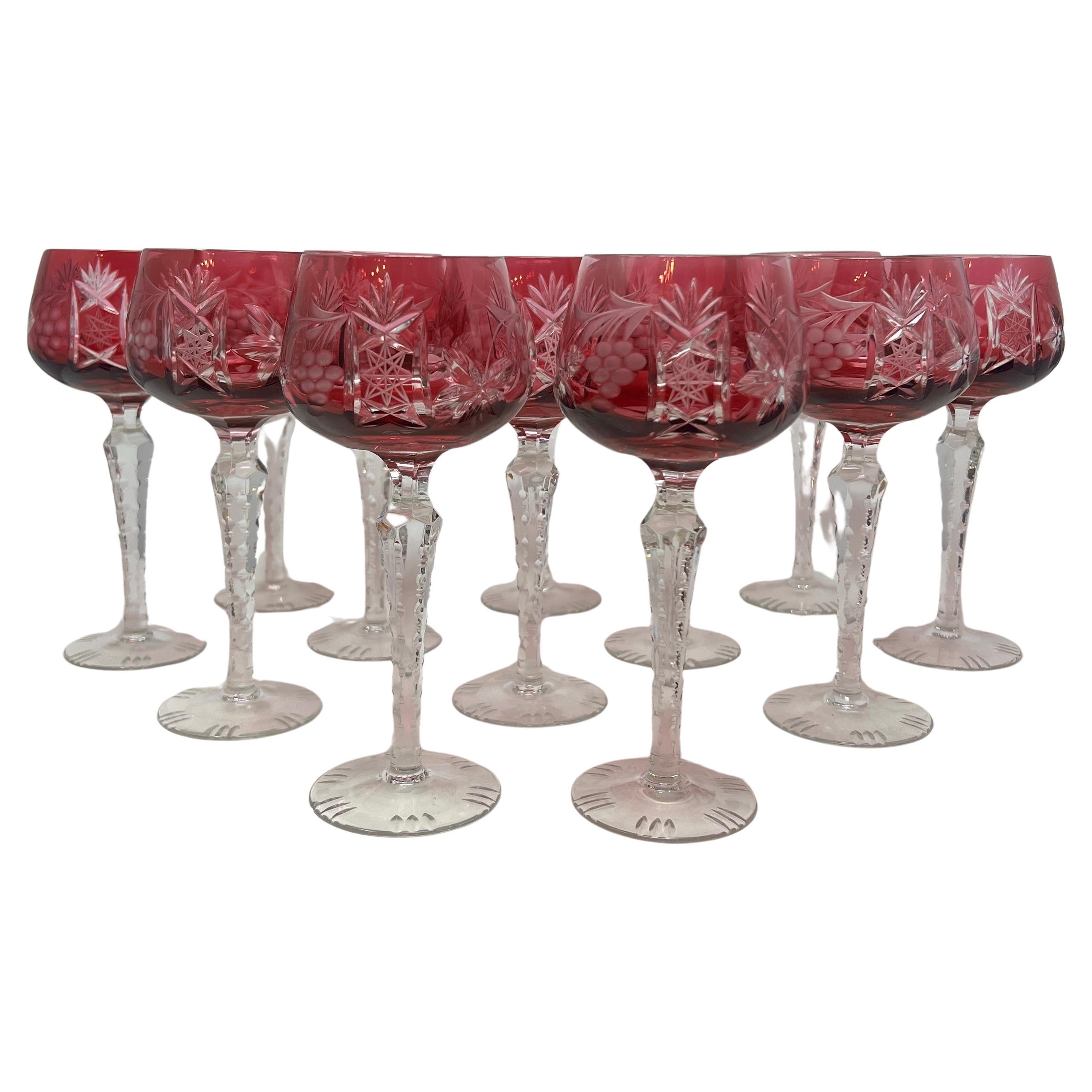 Set of 12 Antique Cranberry Cut-to-Clear Crystal Wine Glasses, Circa 1920's. In Good Condition For Sale In New Orleans, LA