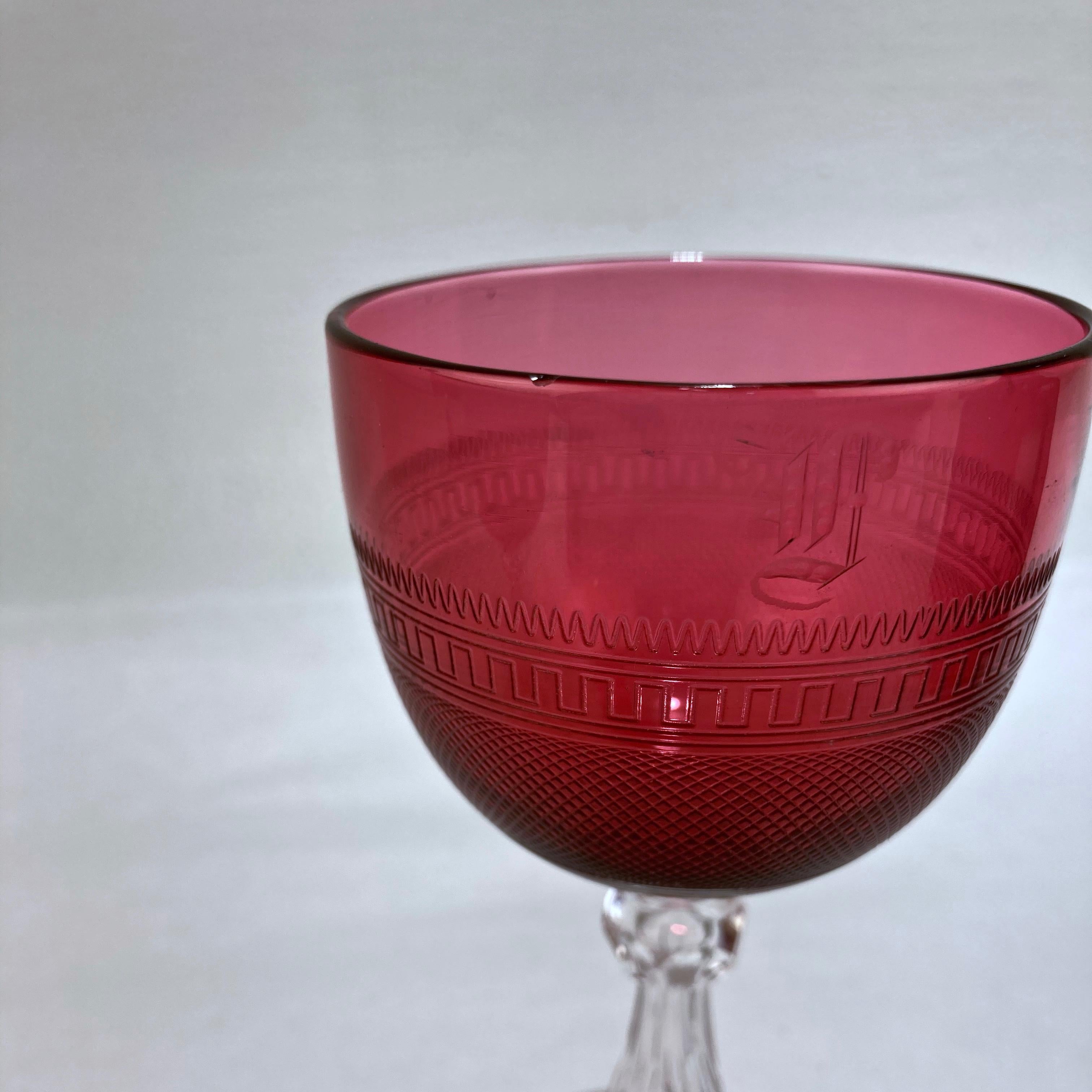 Set of 12 Antique Cranberry Red and Clear Crystal Engraved Cordial Wine Glasses For Sale 5
