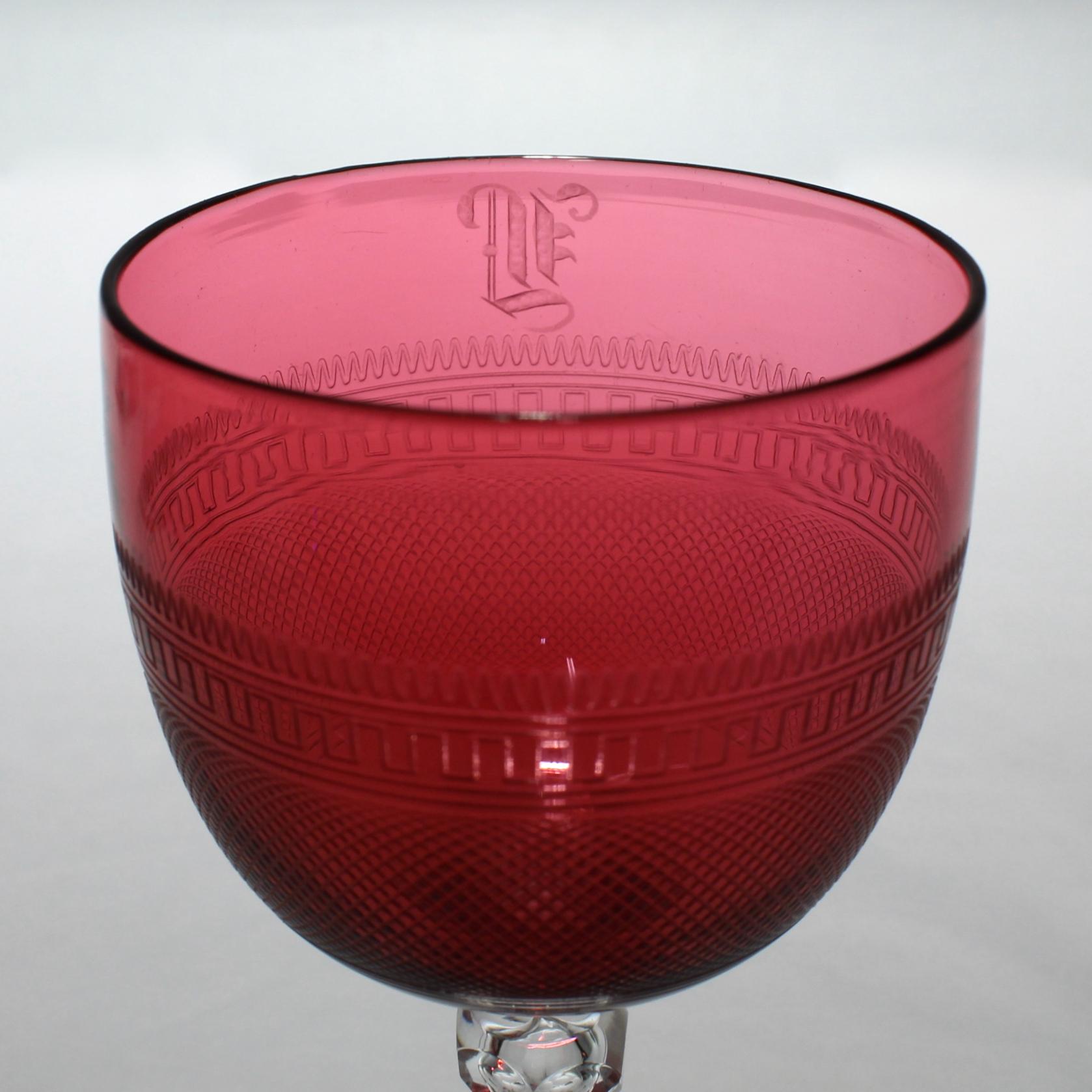 19th Century Set of 12 Antique Cranberry Red and Clear Crystal Engraved Cordial Wine Glasses For Sale