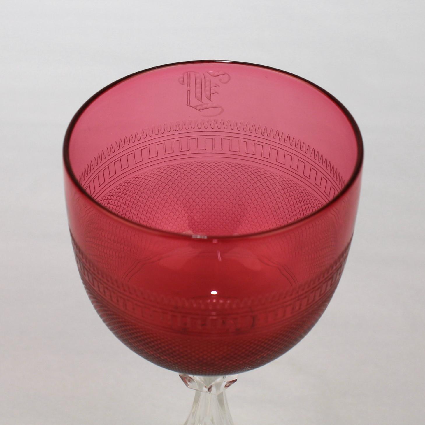 Set of 12 Antique Cranberry Red and Clear Crystal Engraved Cordial Wine Glasses For Sale 1