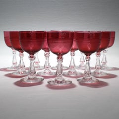 Set of 12 Antique Cranberry Red and Clear Crystal Engraved Cordial Wine Glasses