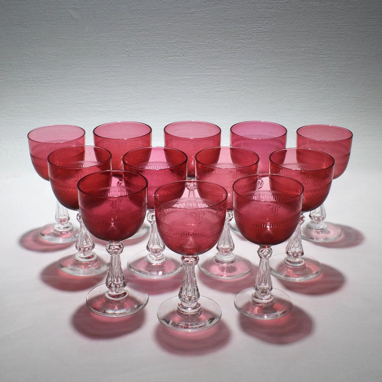 Set of 12 Antique Cranberry Red and Clear Crystal Engraved Cordial