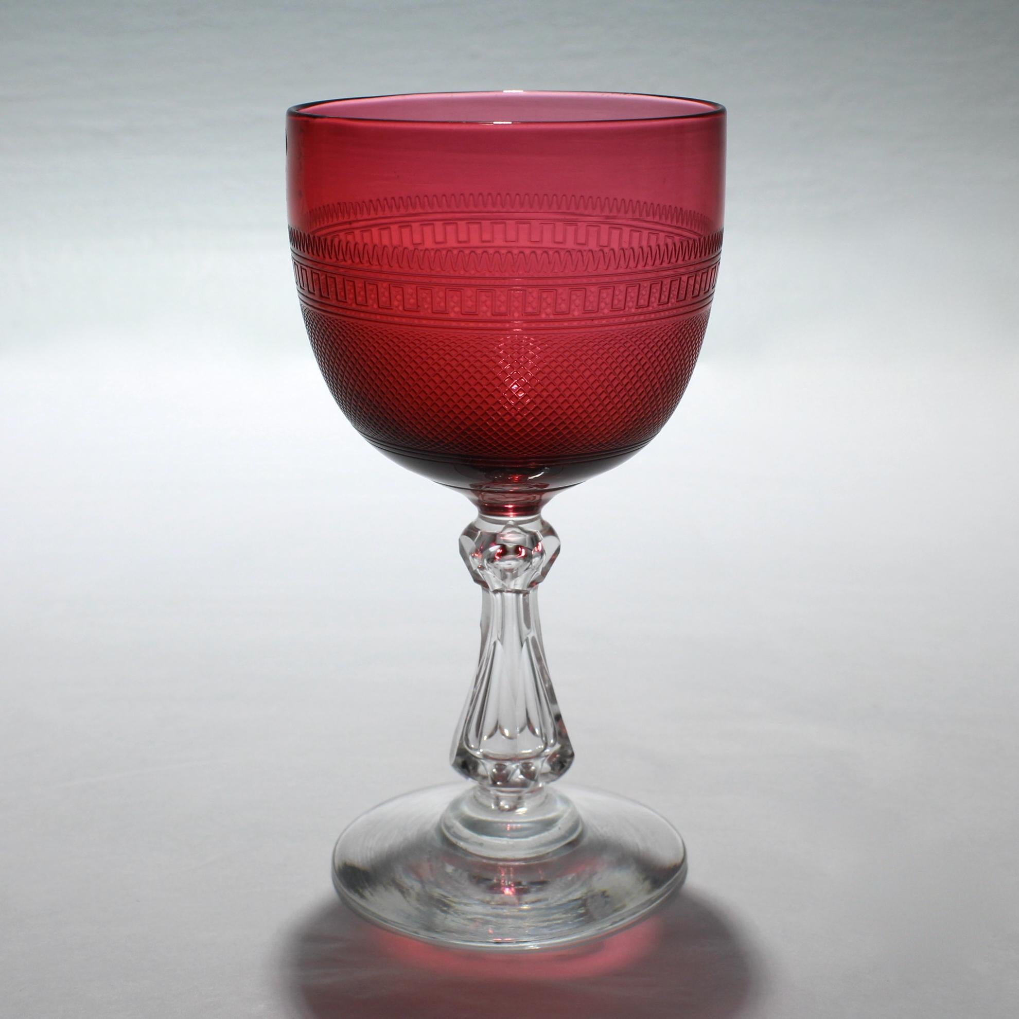 Late Victorian Set of 12 Antique Cranberry Red and Clear Crystal Engraved Cordial Wine Glasses For Sale