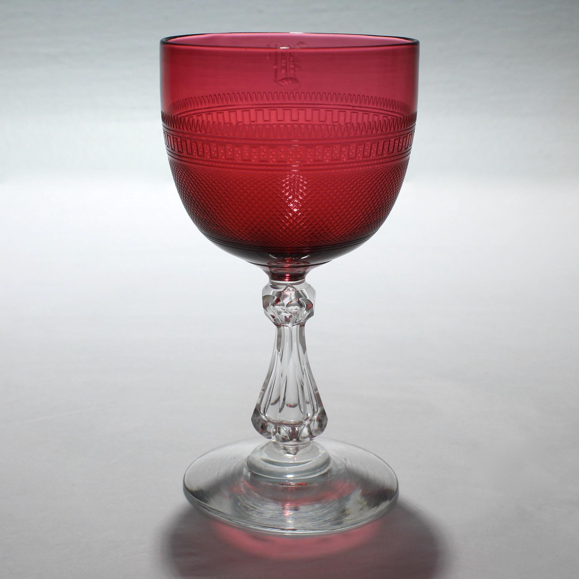 British Set of 12 Antique Cranberry Red and Clear Crystal Engraved Cordial Wine Glasses For Sale