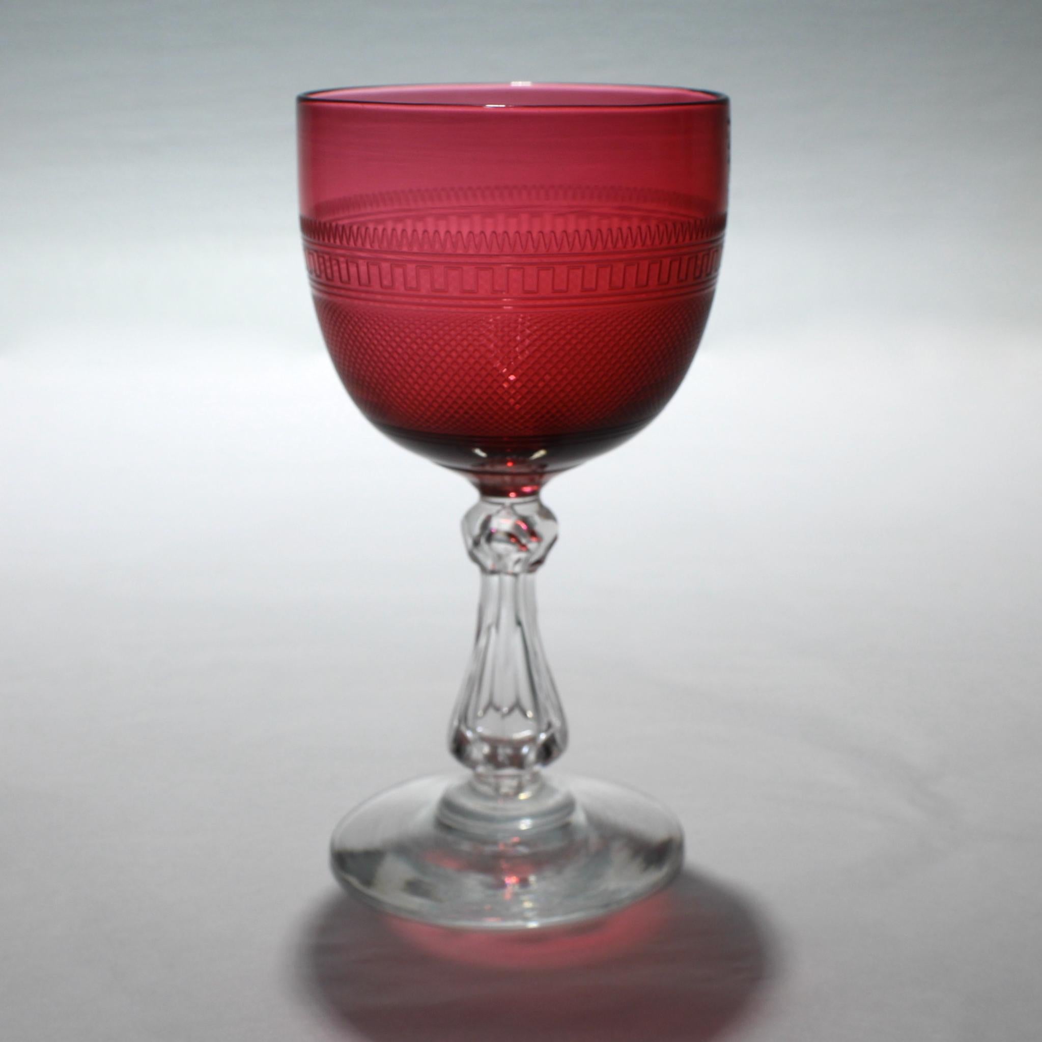 Etched Set of 12 Antique Cranberry Red and Clear Crystal Engraved Cordial Wine Glasses For Sale