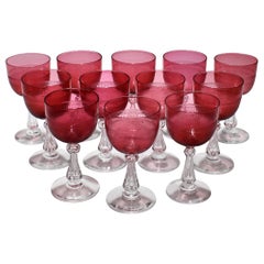 Set of 12 Antique Cranberry Red and Clear Crystal Engraved Cordial Wine Glasses