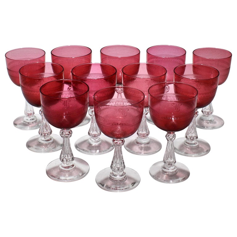 Set of 12 Antique Cranberry Red and Clear Crystal Engraved Cordial