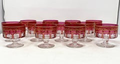 Set of 12 Antique Cut Crystal Cranberry & Gold Detail Dessert Coupes, Circa 1920