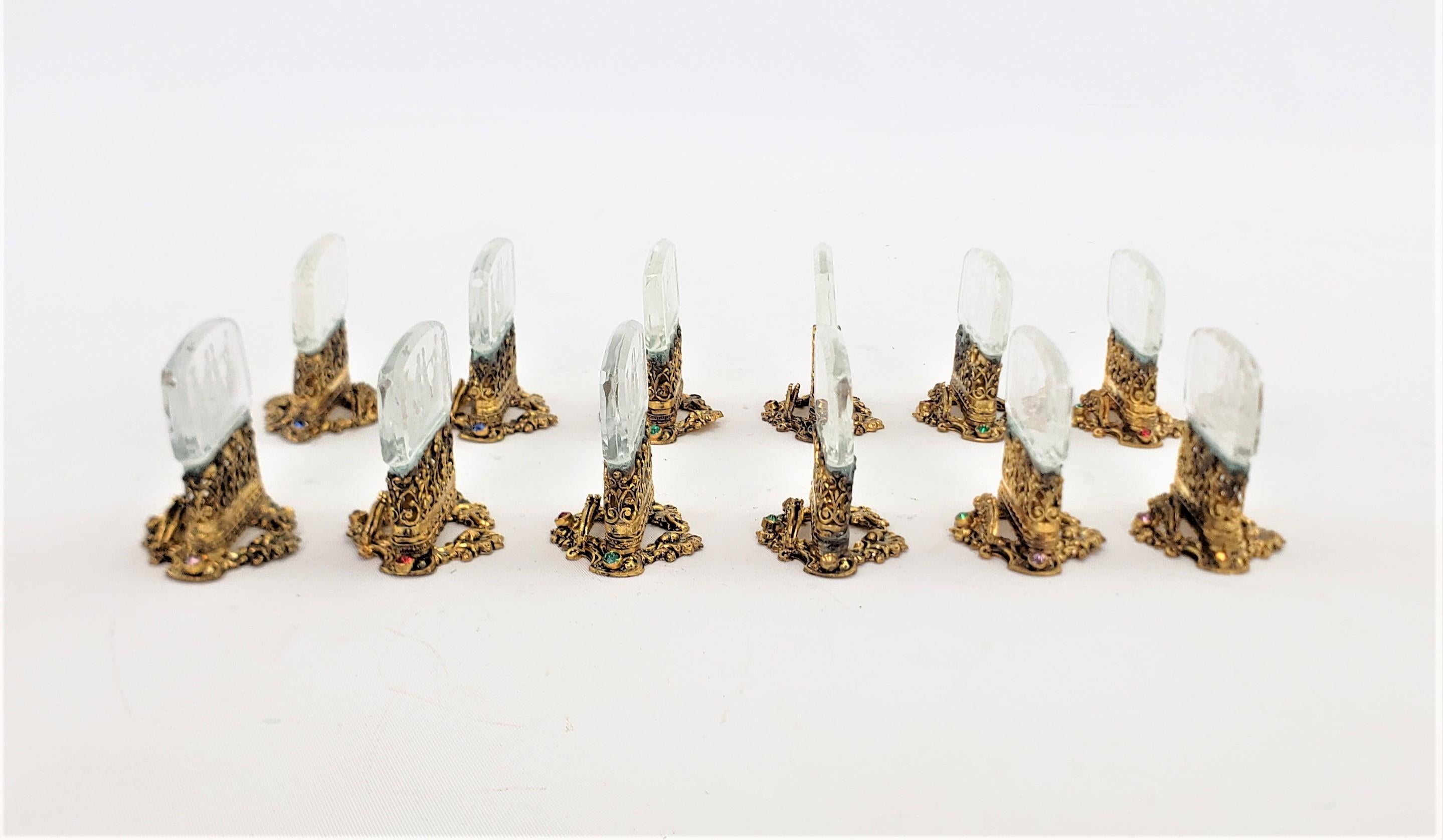 20th Century Set of 12 Antique Czech Etched Glass & Pierced Base Place Card or Menu Holders For Sale