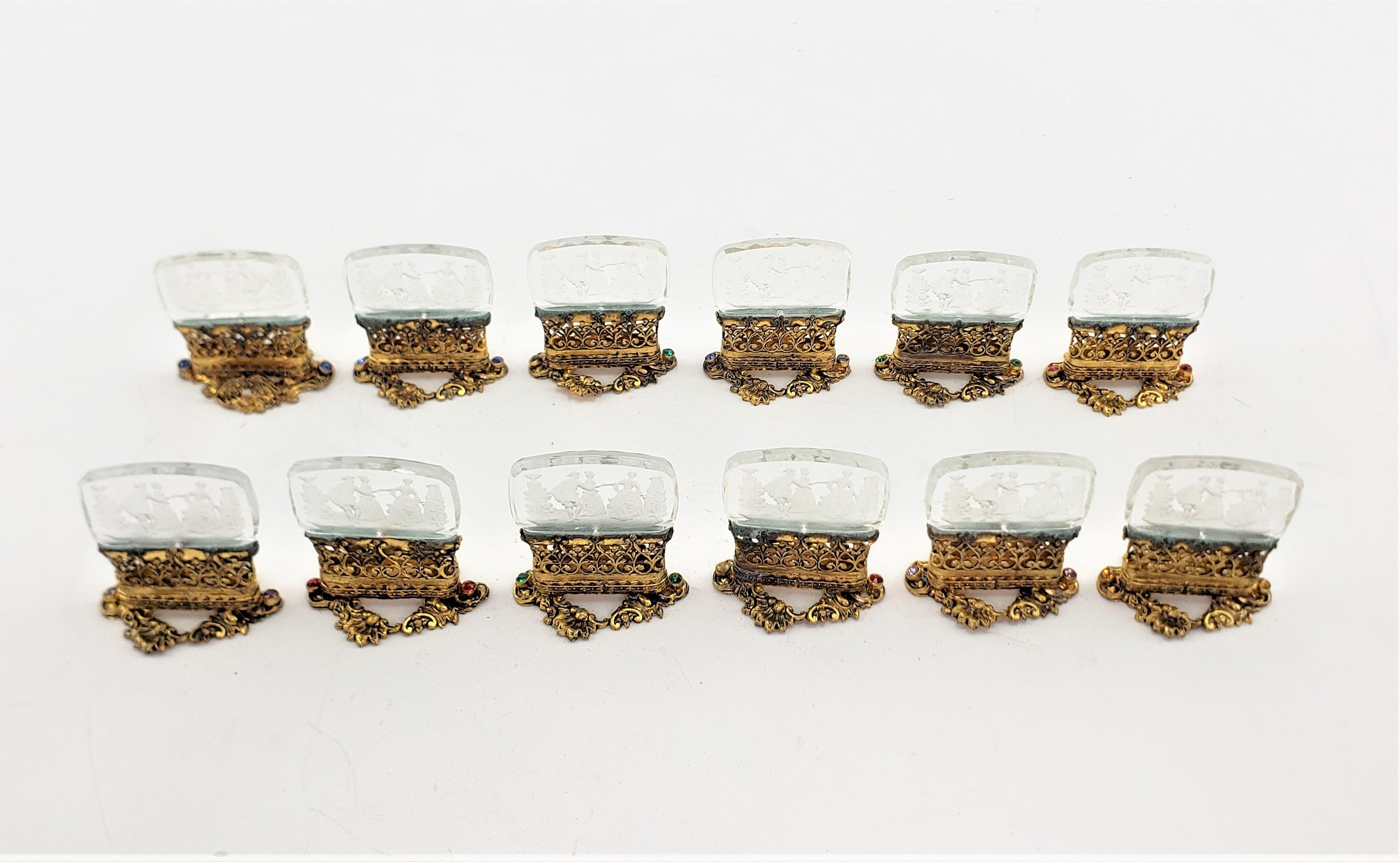 Set of 12 Antique Czech Etched Glass & Pierced Base Place Card or Menu Holders For Sale 3