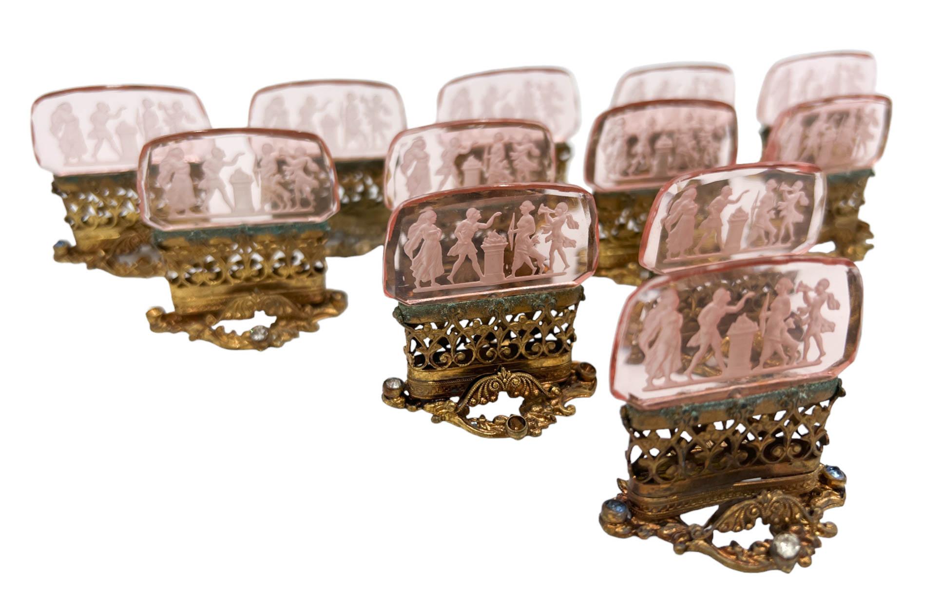 Set of 12 Pale Pink Antique Czech Moser Jeweled Intaglio Place Card Holders 2