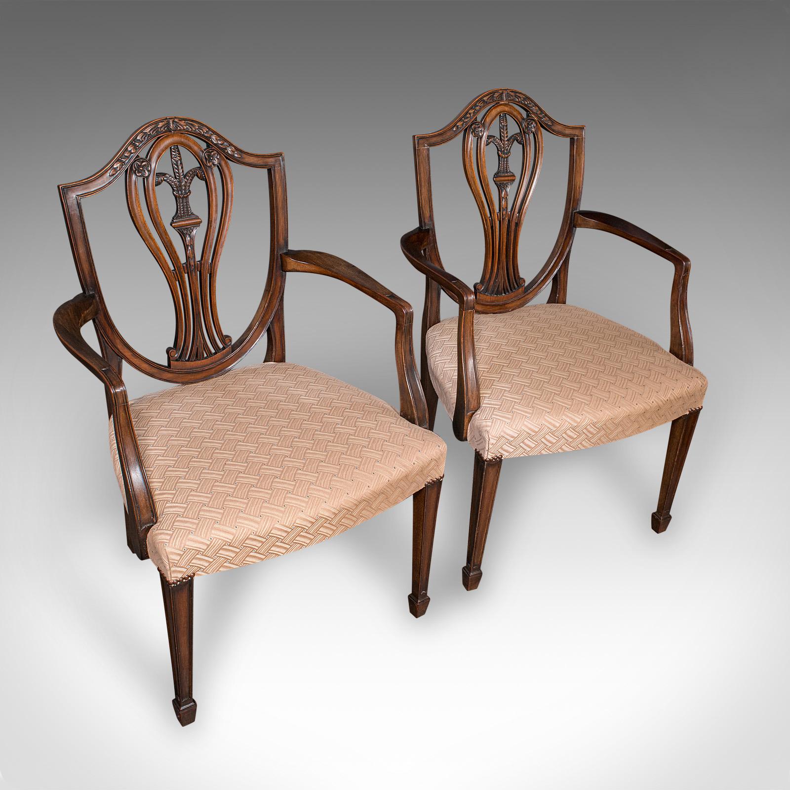 This is an elegant set of 12 antique dining chairs. An English, mahogany carver and chair suite in Hepplewhite taste, dating to the Edwardian period, circa 1910. A comprehensive and beautifully crafted suite comprising two carvers and ten side