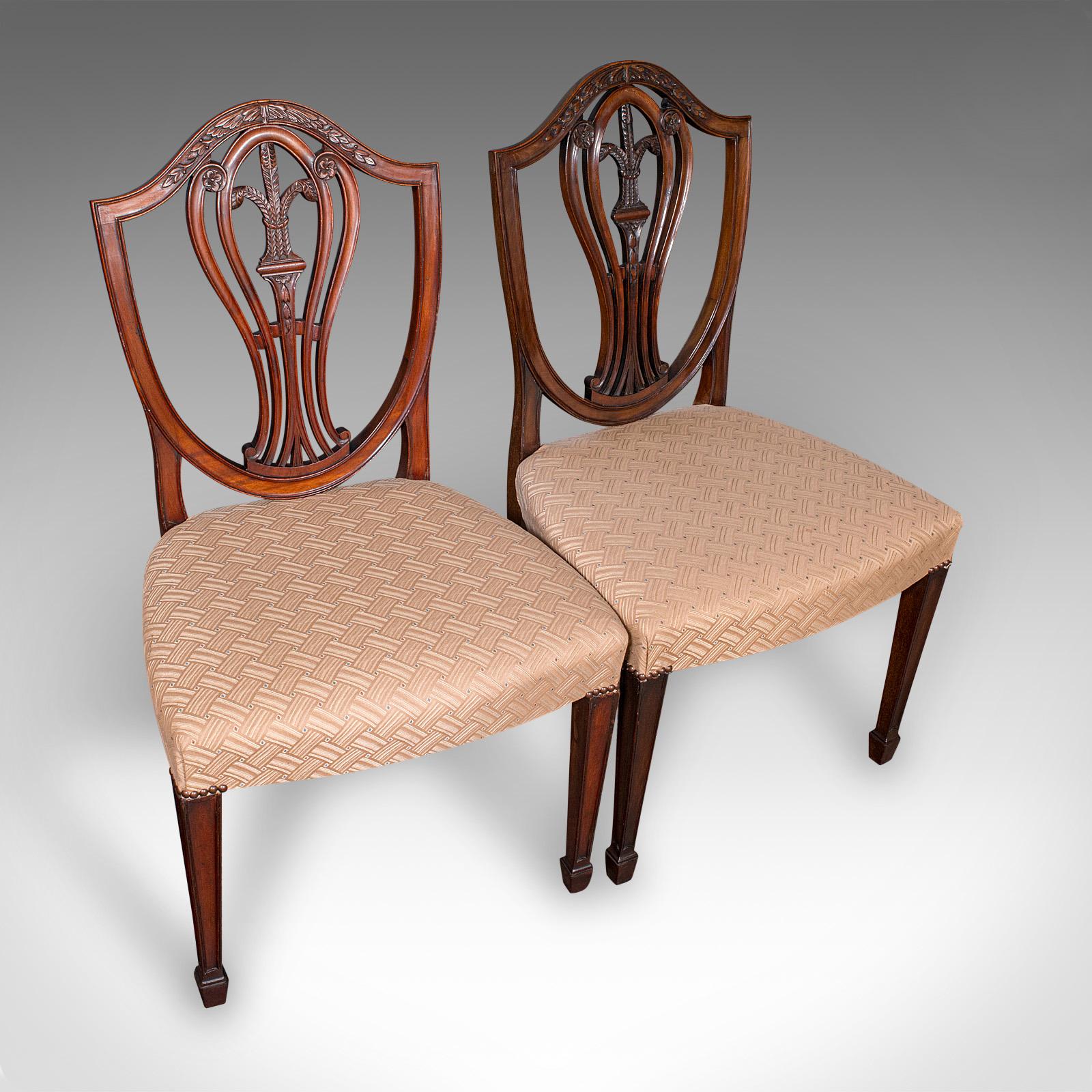 Upholstery Set of 12 Antique Dining Chairs, English, Carver, Seat, Hepplewhite, Edwardian For Sale