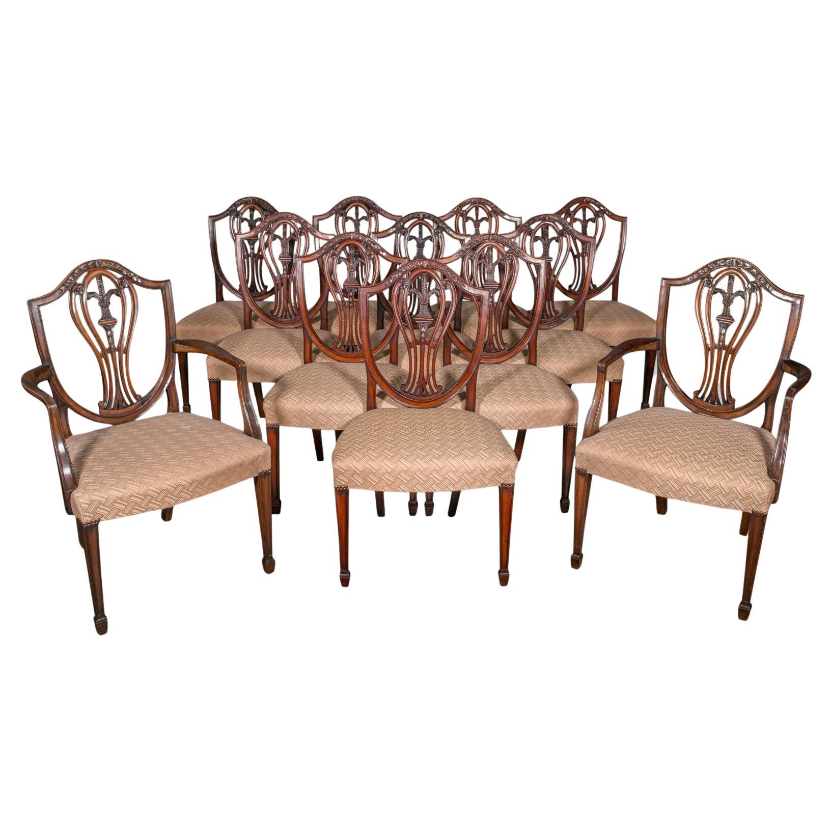 Set of 12 Antique Dining Chairs, English, Carver, Seat, Hepplewhite, Edwardian