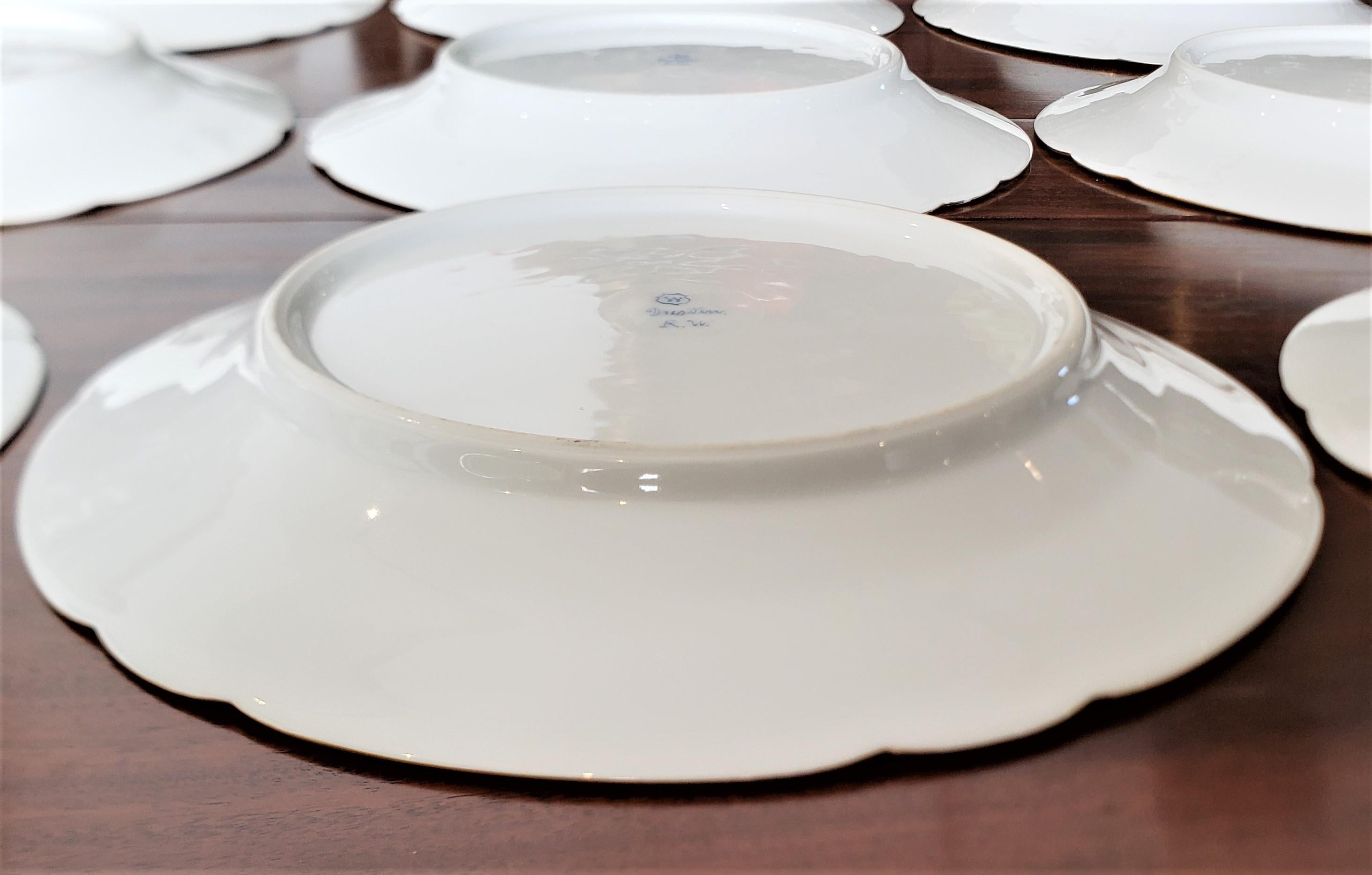 Set of 12 Antique Dresden White Porcelain Dinner Plates with Gilt Decoration For Sale 1