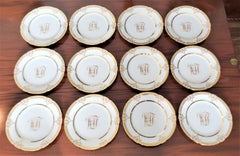 Set of 12 Antique Dresden White Porcelain Dinner Plates with Gilt Decoration