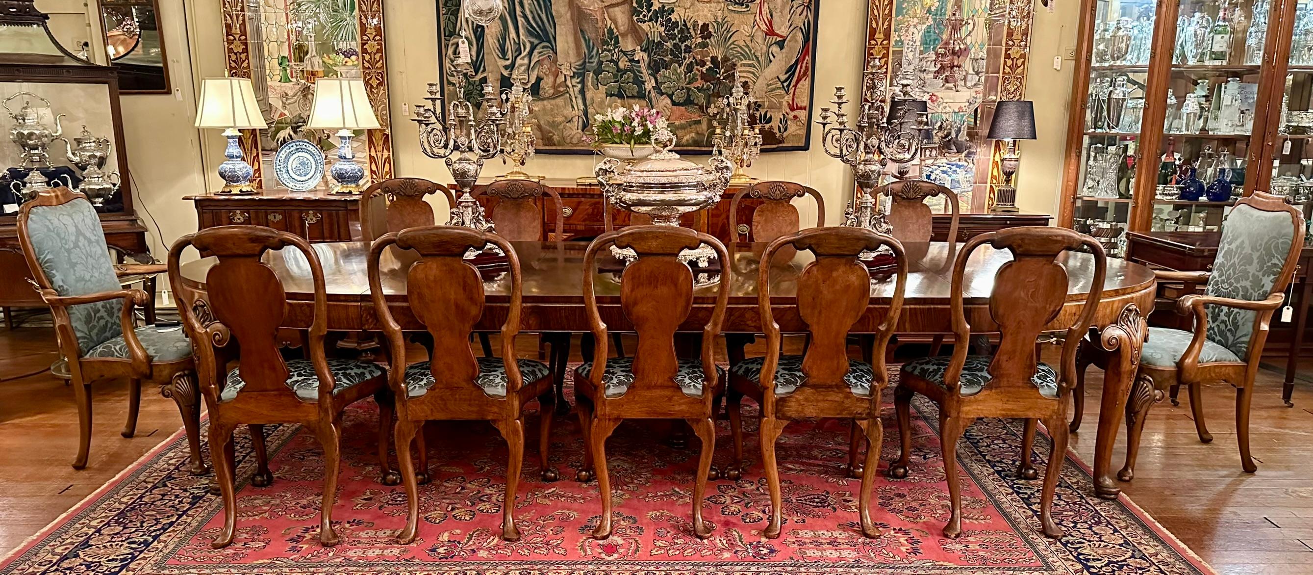 Set of 12 Antique English Burled Walnut Queen Anne Dining Chairs, Circa 1890. For Sale 6