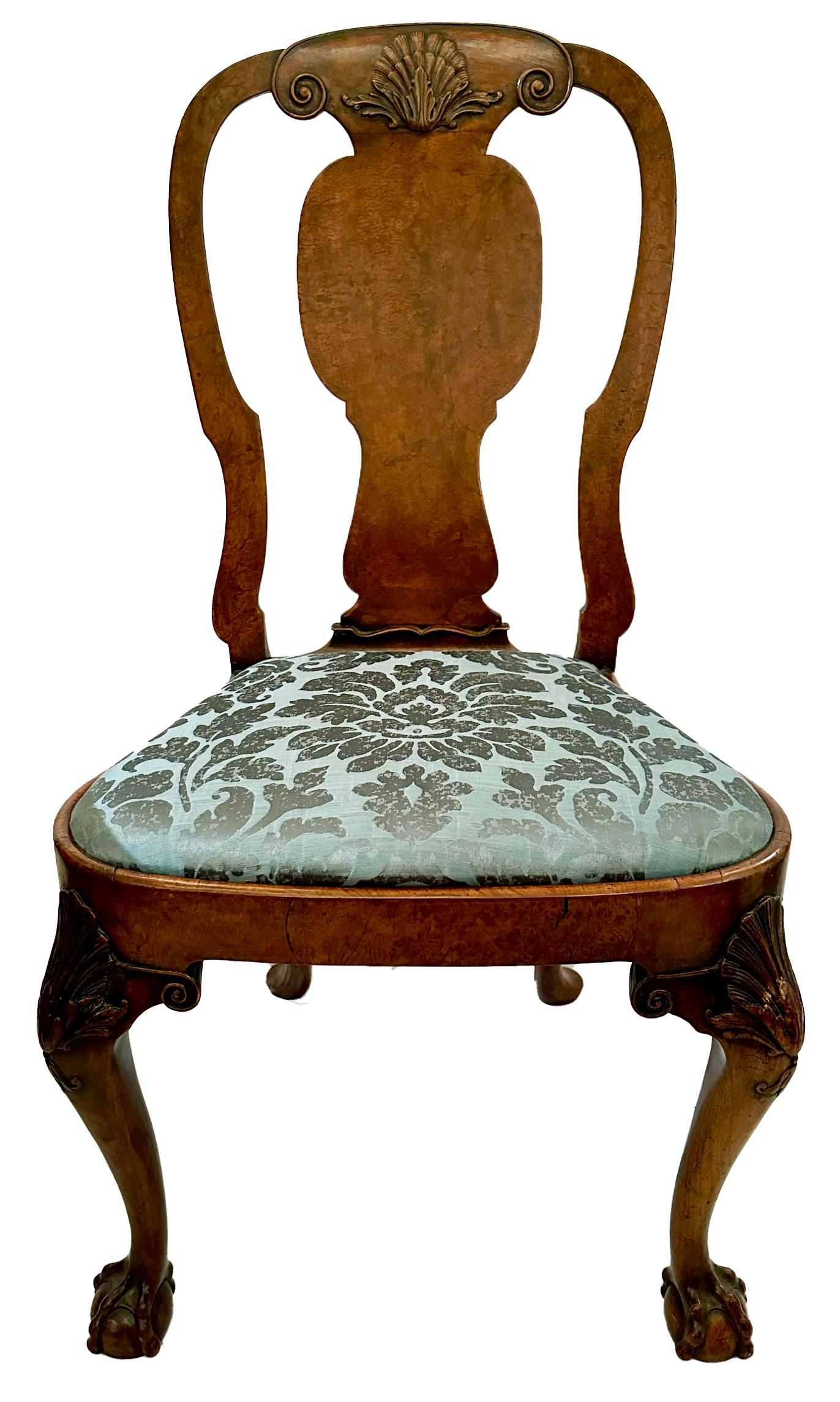 Set of 12 Antique English Burled Walnut Queen Anne Dining Chairs, Circa 1890.
10 Sidechairs:  39 1/2