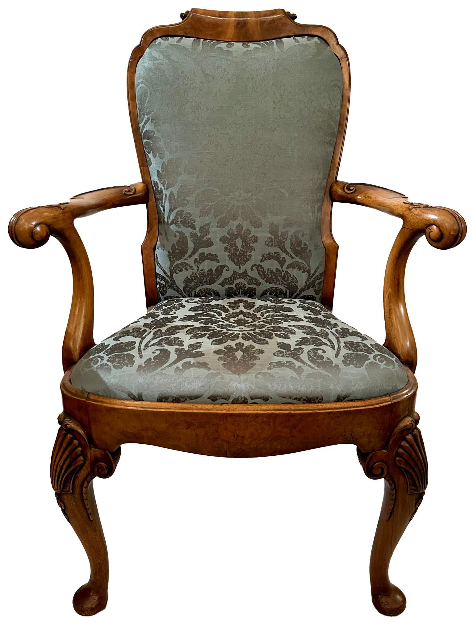 Set of 12 Antique English Burled Walnut Queen Anne Dining Chairs, Circa 1890. For Sale 1