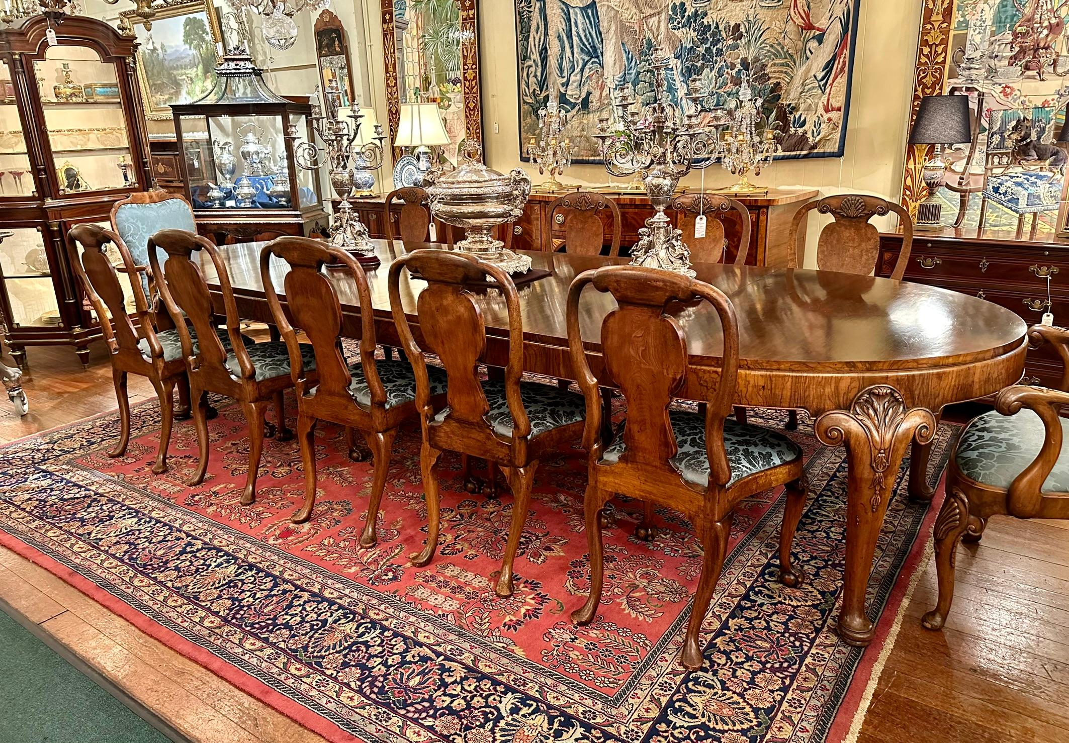 Set of 12 Antique English Burled Walnut Queen Anne Dining Chairs, Circa 1890. For Sale 5