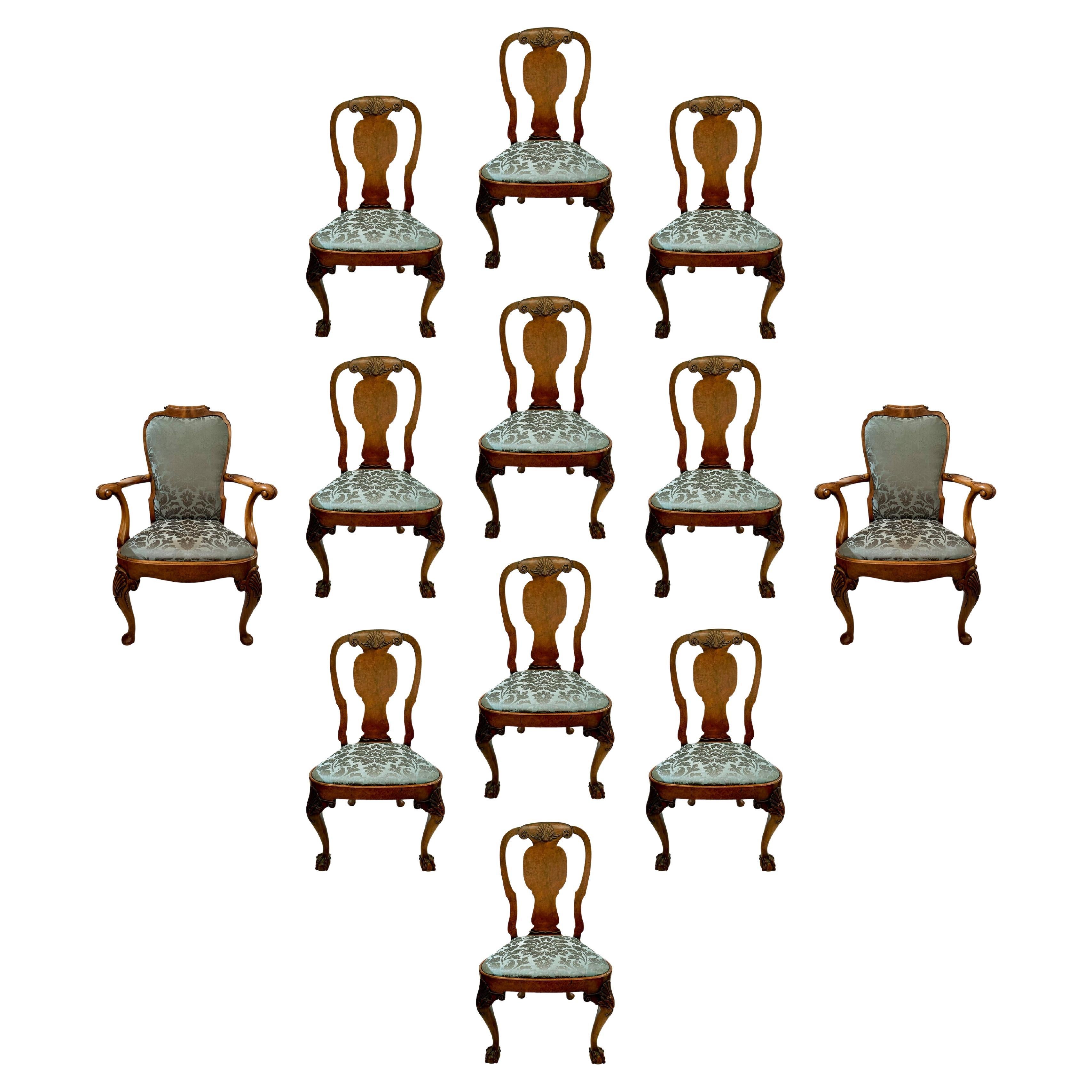 Set of 12 Antique English Burled Walnut Queen Anne Dining Chairs, Circa 1890.