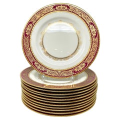 Set von 12 antiken englischen Minton-Porzellan Platztellern in Rot und Gold, ca. 1900
