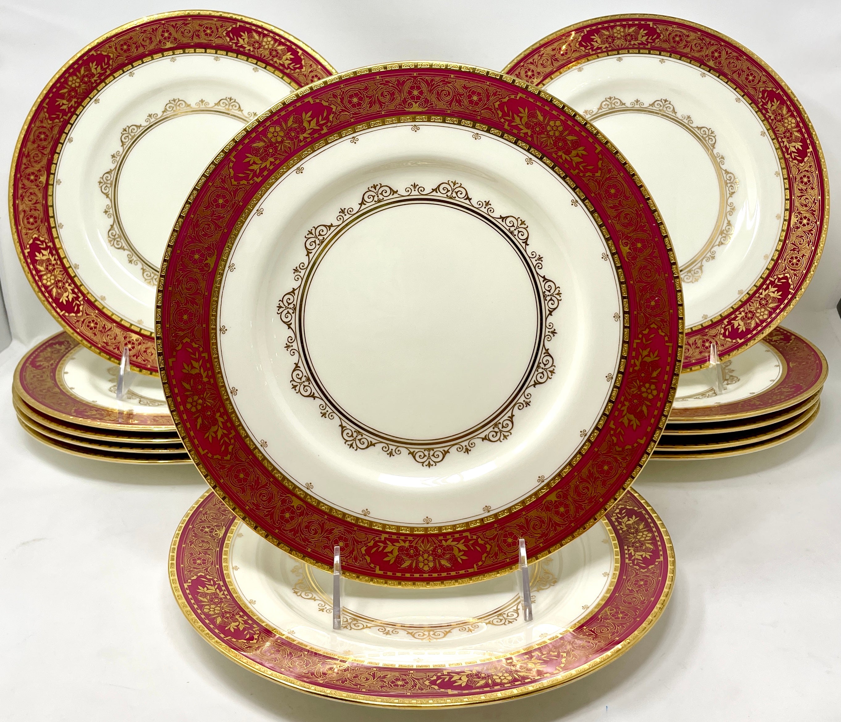 Set of 12 Antique English Minton Porcelain Red & Gold Service Chargers Ca. 1900