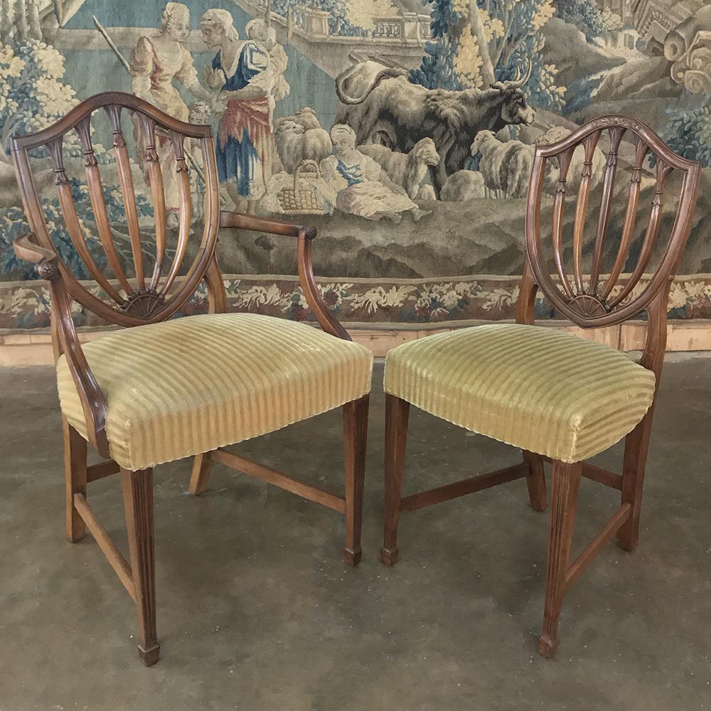 Hand-Crafted Set of 12 Antique English Sheraton Dining Chairs Includes Four Armchairs