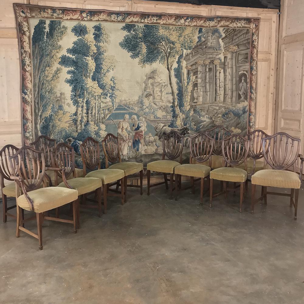 20th Century Set of 12 Antique English Sheraton Dining Chairs Includes Four Armchairs