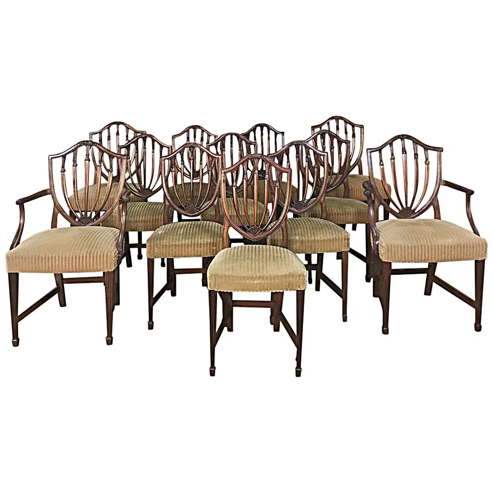 Set of 12 Antique English Sheraton Dining Chairs Includes Four Armchairs