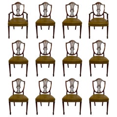 Set of 12 Antique English Sheraton Mahogany & Leather Dining Chairs Circa 1920's