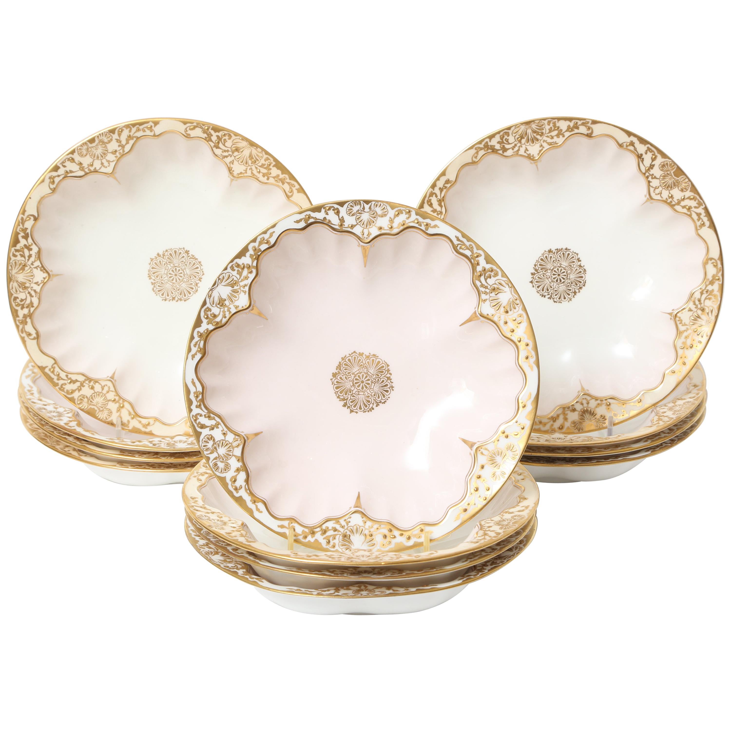 Set of 12 Antique English Soup or Dessert Bowls Shell Shaped Raised Gilt Details
