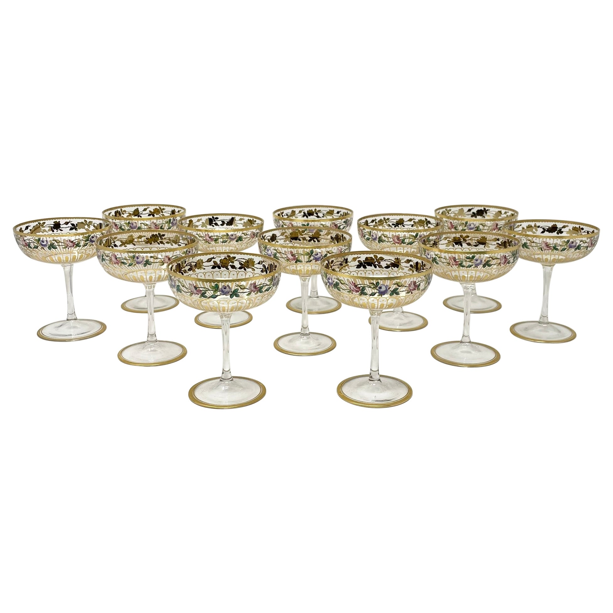 Set of 12 Antique European Gold Leaf and Hand-Painted Crystal Coupes, Circa 1890