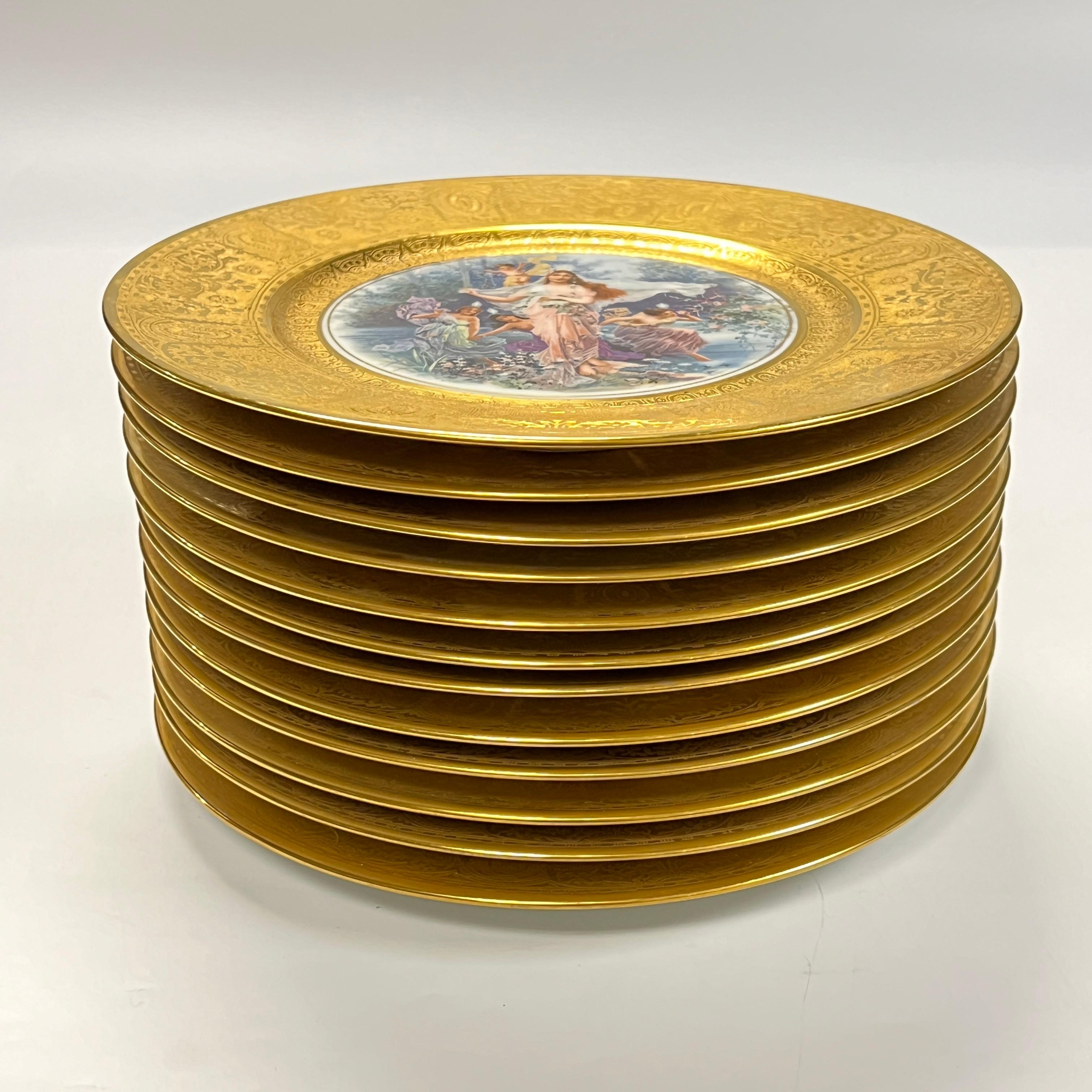 Set of twelve antique cabinet plates with lovely Decal paitings scenes of Roman nymphs and muses frolicking with putti after Angelica kaufman  and with exceptional textured gilt borders.  Each with a stamped mark of the maker on reverse that reads