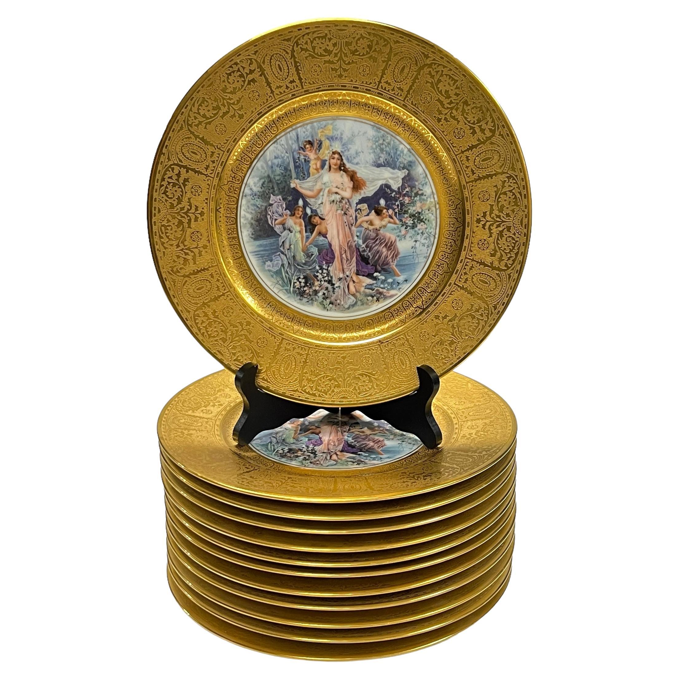 Set of 12 Antique Finely Gilt Neoclassical Cabinet Plates For Sale