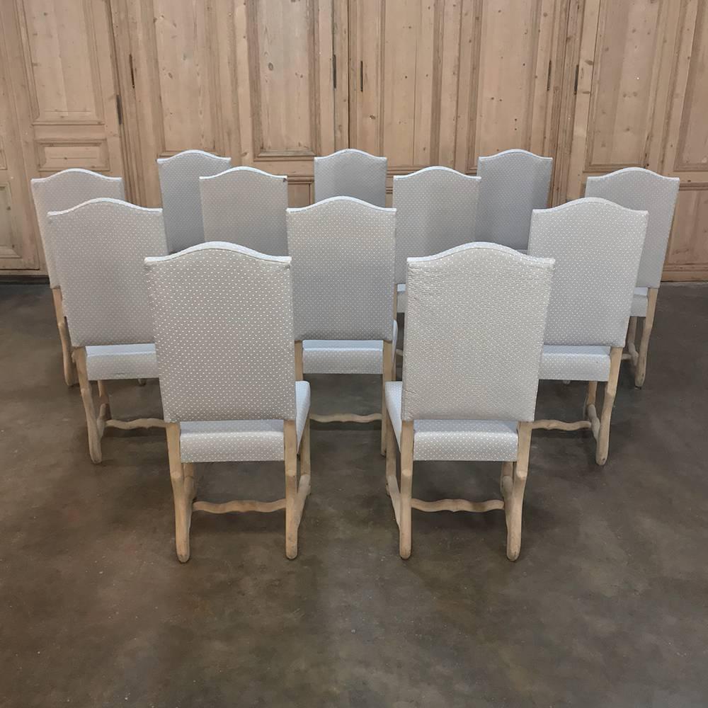 Set of 12 Antique French Os de Mouton Stripped Dining Chairs, Newly Upholstered  4
