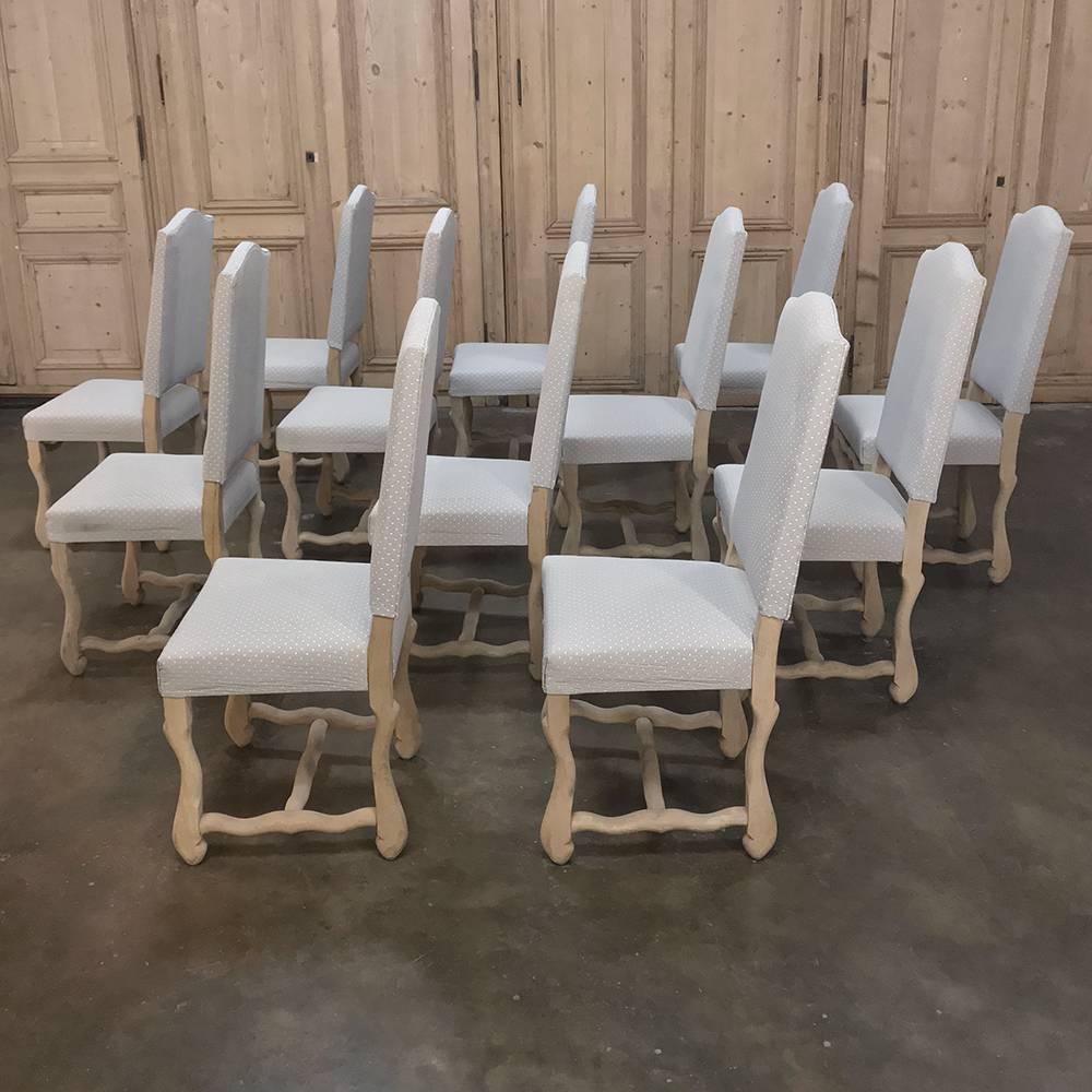 Baroque Set of 12 Antique French Os de Mouton Stripped Dining Chairs, Newly Upholstered 