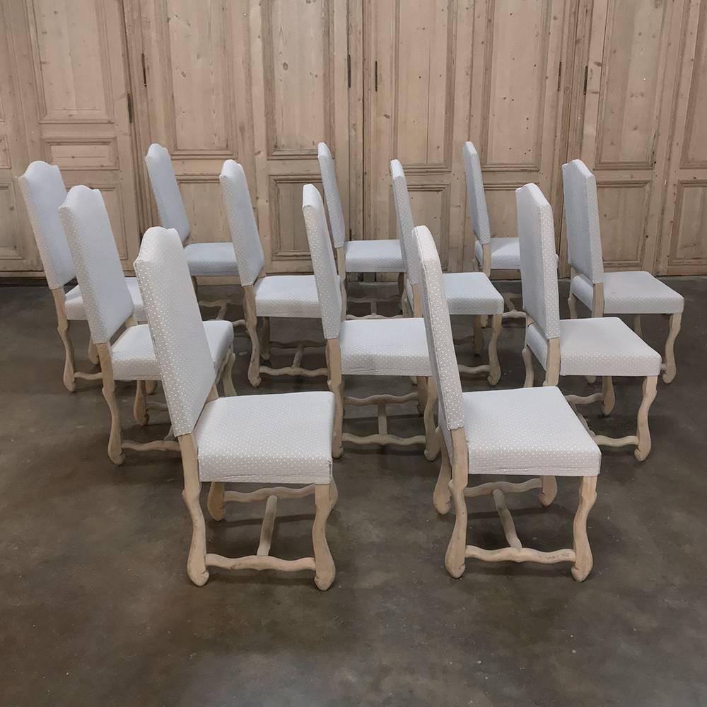 Carved Set of 12 Antique French Os de Mouton Stripped Dining Chairs, Newly Upholstered 