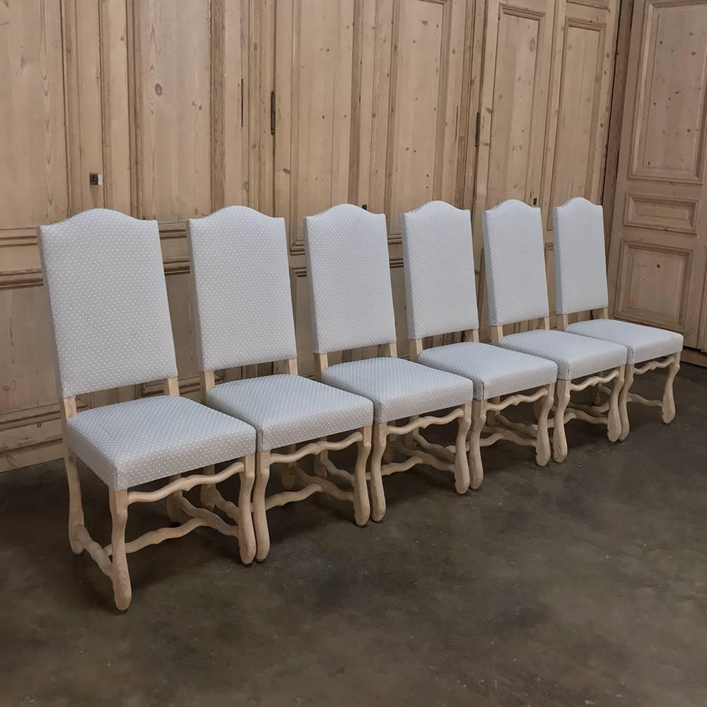 Early 20th Century Set of 12 Antique French Os de Mouton Stripped Dining Chairs, Newly Upholstered 