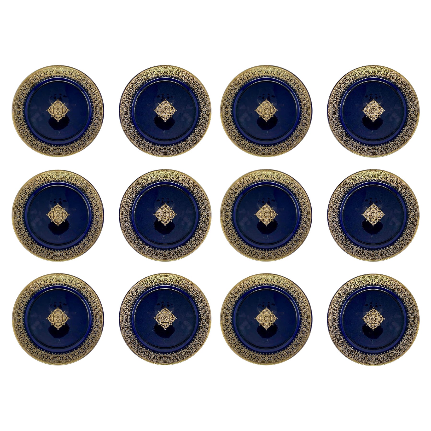 Set of 12 Antique French Sarreguemines Porcelain Cobalt and Gold Dessert Plates.