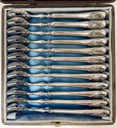 Set of 12 Antique French Silver Hallmarked Oyster Forks in Case, Circa 1885.