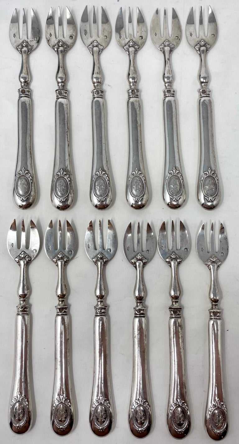 Set of 12 Antique French Silver Hallmarked Oyster Forks in Case, Circa