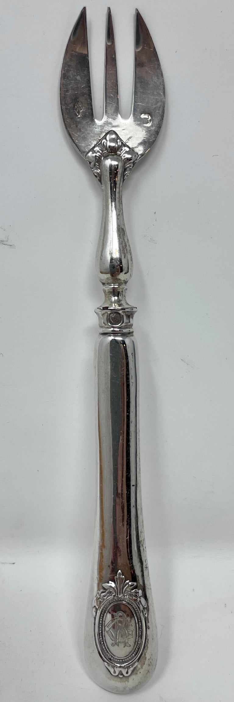 Set of 12 Antique French Silver Hallmarked Oyster Forks in Case, Circa