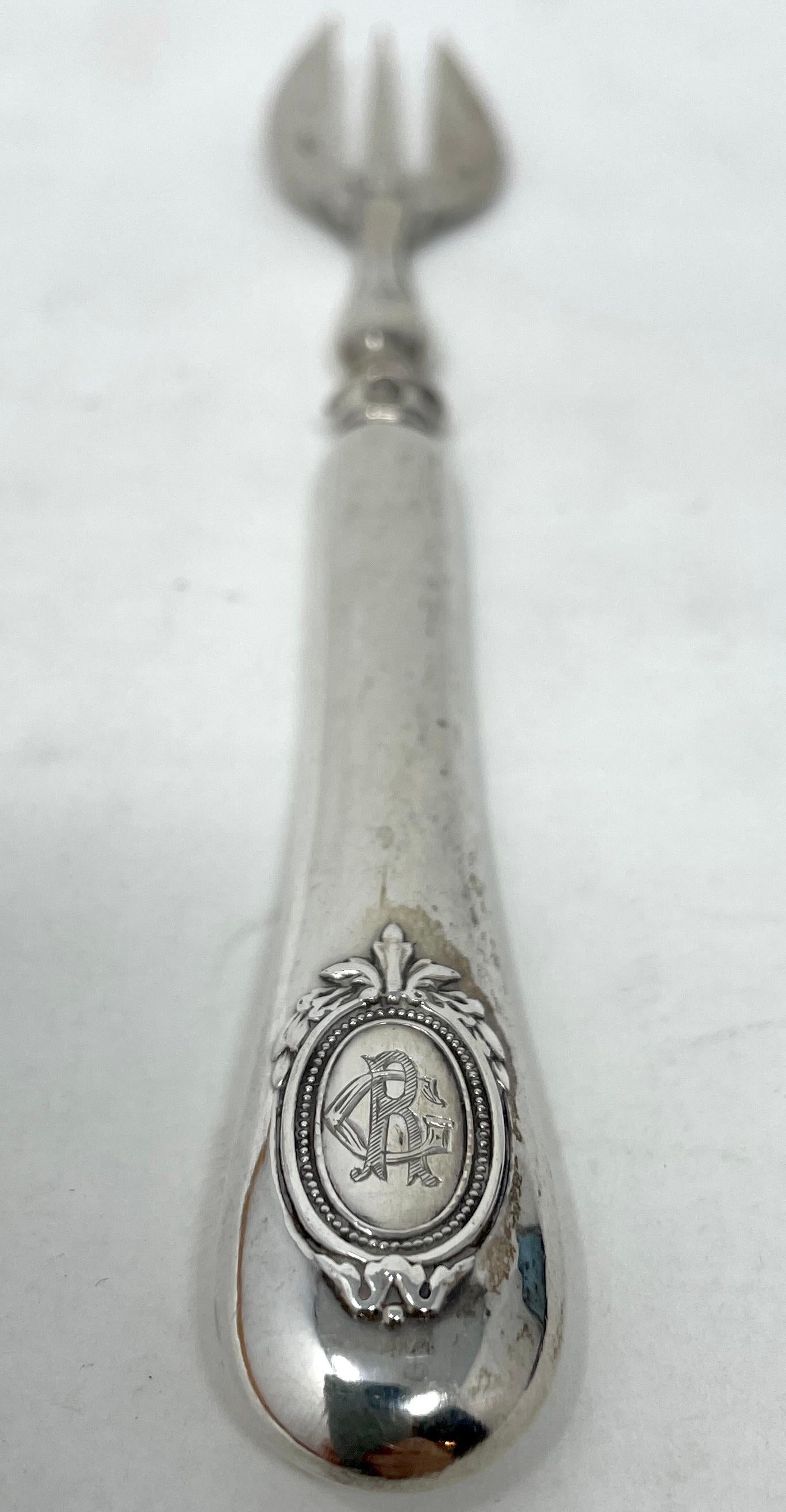 19th Century Set of 12 Antique French Silver Hallmarked Oyster Forks in Case, Circa 1885. For Sale